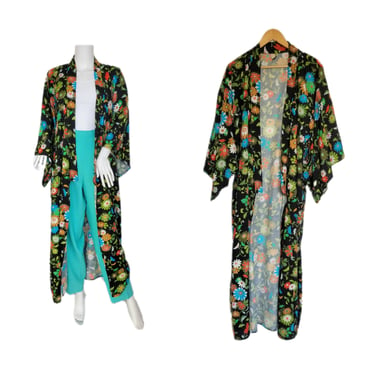 1960's Black Floral Print Rayon Kimono Robe Duster Jacket I Sz Med 