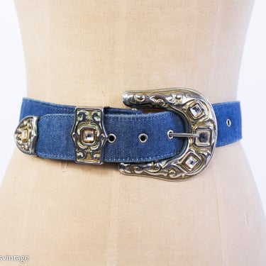 1980s Wide Blue Denim Belt | 80s Denim & Silver Buckle Belt | Gene Ewing BIS | Medium 