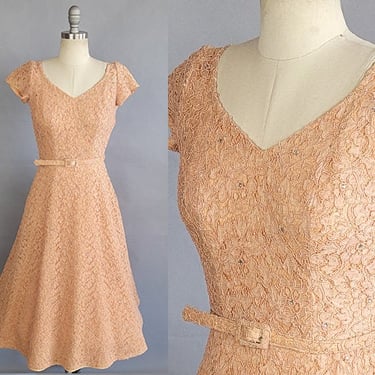 1950s Lace Dress /1950s Blush Pink Floral Lace Dress with Rhinestones & Matching Belt / 1950s Party Dress / Short Wedding Dress / Size Small 