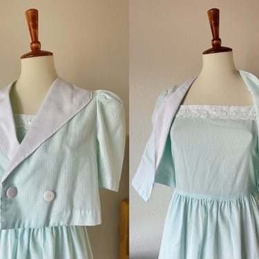 Vintage blue pinstripe cotton eyelet day dress with short sleeve double breasted jacket XXS 