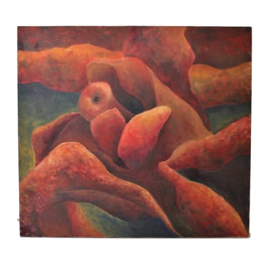 Vintage Mid Century Modern Biomorphic Unraveled Peeled Fruit Abstract Oil Painting