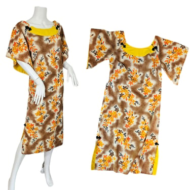 Volup 1950's Orange Yellow Cotton Hawaiian Muumuu Dress I Sz Lrg I Asian Theme I Floral Print I Plus Size 