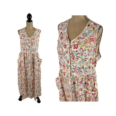 XL-2X Sleeveless India Cotton Maxi Dress, Long Summer Dress, Tie Back Button Up Pockets Market Cottagecore Sundress, Plus Size APRIL CORNELL 