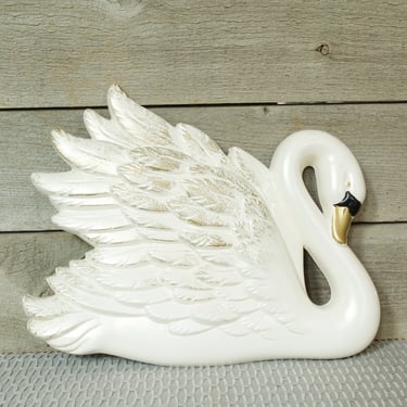 Mid-Century Chalkware Swan, Large 1968 Miller Studio, Bathroom Wall, Gold Gilt Wing Wings Detail, Vintage Decor, Chalk Wall Plaque Hanging 