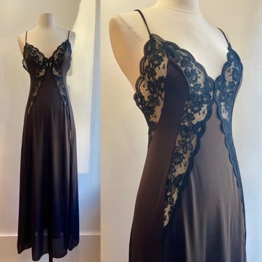 Vintage 70s Nightgown / Sexy Black SATIN / Sheer Lace V-Neck + Side Panels / LOW Back / Ralph Montenero for Blanche 