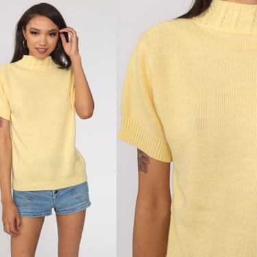 Yellow Sweater Top Mock Neck Knit Top Pastel Sweater Shirt 1980s Vintage Cable Knit Shirt Short Sleeve 80s Vintage Small 
