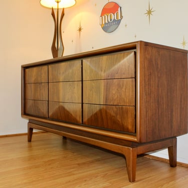 Mid century "Diamond Front" Walnut Triple Dresser by United