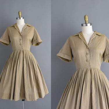 1950s vintage dress | Classic Camel Brown Cotton Shirtwaist Dress | Medium | 50s dress 