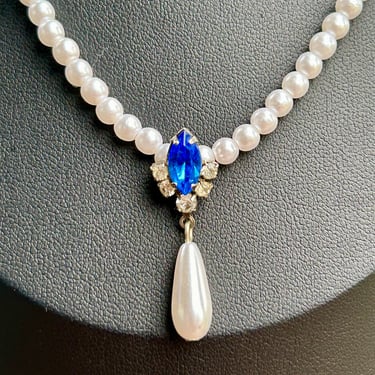 Vintage Imitation Pearl Necklace Blue Glass Stone Rhinestones Retro Jewelry 