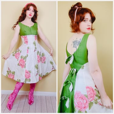 1950s Vintage May Vietary Cotton Floral Dress / 50s Fit and Flared Green / Pink Bow Back Sundress / Small - Medium 