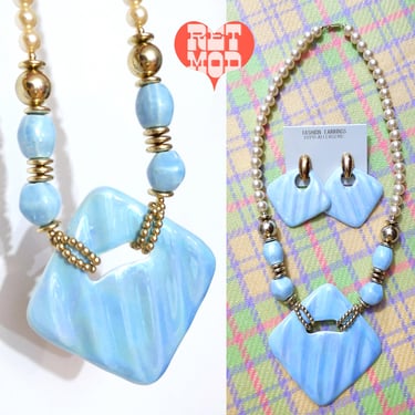 Wearable Art Mermaid Chic Vintage 80s Pastel Blue, Gold & Pearl Ceramic Sculptural Statement Necklace and Earrings Set 