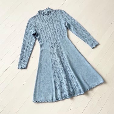 1970s Blue Crochet Knit Dress 