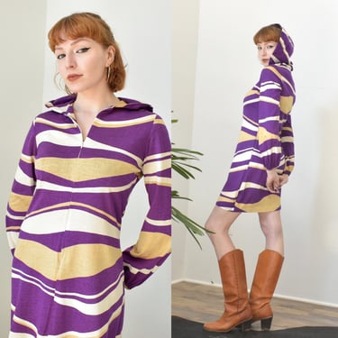 Vintage 1970s Dress / 70s Abstract Stripe Hooded Dress / Purple Tan White ( S M ) 