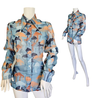 Loubella 1970's Blue Tan Poly Crepe Mushroom Print Button Down Blouse I Sz Med I Top I Shirt 