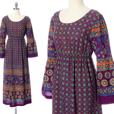 Vintage 1970s Dress | 70s Floral Border Block Print Cotton Purple Bell Sleeve Maxi Empire Waist Boho Day Dress (x-small/small) 