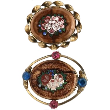 1870's Antique Two Italian Goldstone Micro Mosaic Floral Oval Brooches 
