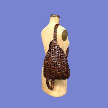 Vintage Backpack Retro 1990s Vera Pelle + Genuine Leather + Brown + Cognac + Woven + Braided + Knapsack + Daypack + Womens Accessory 