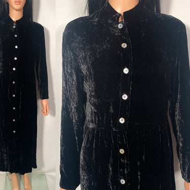 Vintage 80s/90s Crushed Velvet Rayon Silk Button Front Black Maxi Dress Made In USA Size M 