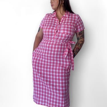 Modern Pink and White Gingham Short Sleeve Dress, sz. 1X-2X