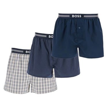 Boss Set 3 Boxer Uomo Cotone Blu Scuro Righe Quadretti Vita Elastica Aw2024 Men