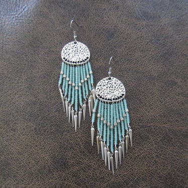 Long seed bead chandelier earrings, sea green 