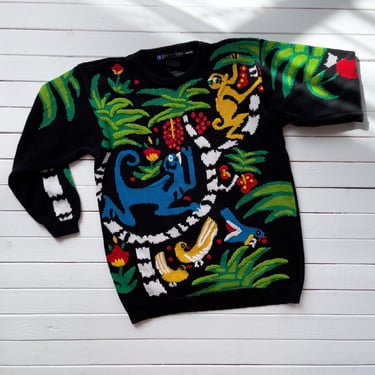 monkey embroidered sweater 90s vintage I.B. Diffusion tropical animal sweater 