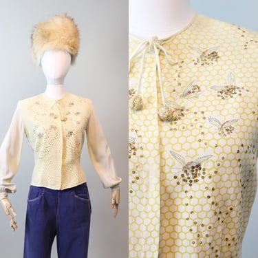 1940s HANDPAINTED bee beehive sequins blouse small | new spring 