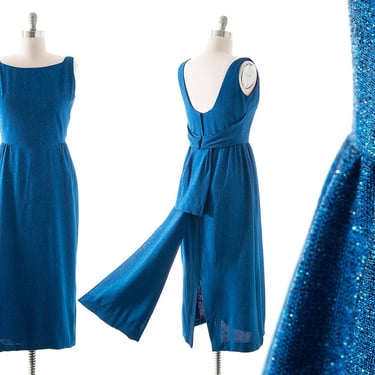 Vintage 1960s Dress | 60s Metallic Blue Lurex Waterfall Train Sheath Wiggle Maxi Formal Evening Gown (large) 
