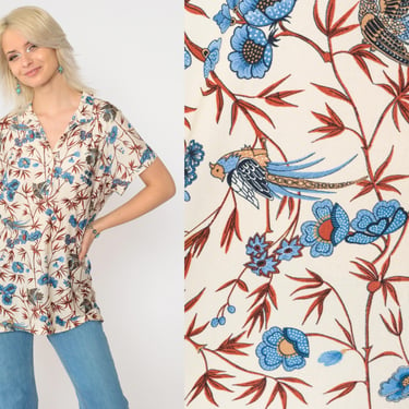 70s Floral Bird Blouse Batik Style Top Cream Bohemian Shirt Boho 1970s Hippie Henley Neckline Blue Rust Short Sleeve Vintage Small Medium 