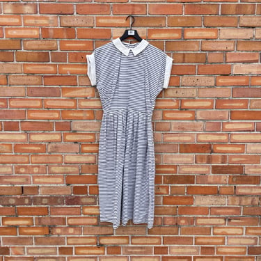 vintage 40s/50s white blue striped fit and flare dress / s m small medium 