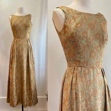 Vintage 60s Party Dress / Sparkly Mod Maxi Dress / Gold Metallic Floral Lame Goddess Gown / Special Occasion Dress 