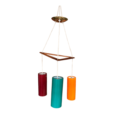 Danish Modern Teak and Colored Glass Pendant Ceiling Light