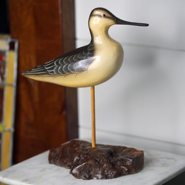 Hand-Carved Wooden Shorebird Decoy by William Vessey – Signed Antique Waterfowl Art 