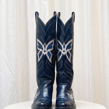 1970s Darkest Blue Butterfly High Shaft Cowboy Boots 
