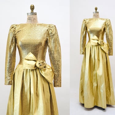70s 80s Gold Sequin Metallic Ball Gown Dress 80s Gold Sequin Prom Dress Small Medium By Mignon // 80s Vintage sequin Gold Pageant Dress 