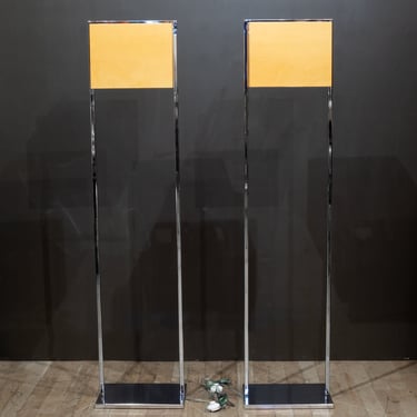Chrome and Wood Veneer Floor Lamps, Italy
