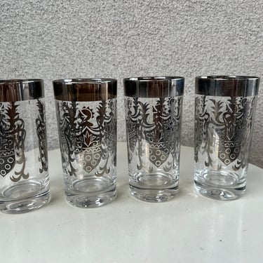 Vintage Mid Century clear silver glasses Coat of Arms theme set 4 tumblers by Kimiko 