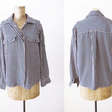 Vintage 90s Striped Long Sleeve Shirt M - 1990s Navy Blue Tan Brown Button Up - Collared Striped Blouse - Patch Pocket Blouse 