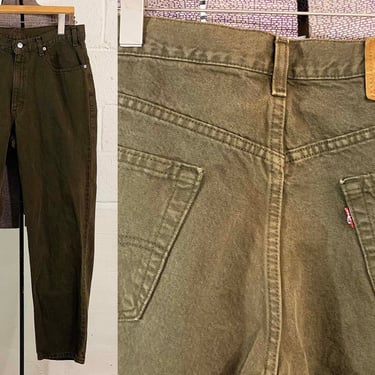 Vintage Levi's 550 Distressed Olive Green Army Jeans Relaxed Fit Tapered Leg USA Made Waist 36" Inseam 32" 1990s 