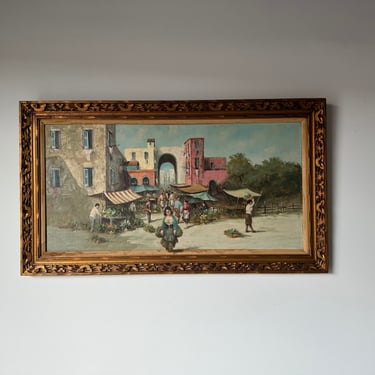 Large Roberti  French Oil Painting of a Paris Market Streetscape, Framed 
