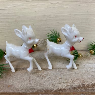 Vintage White Baby Reindeer, Hard Plastic, Christmas Deer, Red Bells, Baby Rudolf Red Nosed ReindeerA 