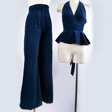 70's Teal Blue Velvet Pants & Halter Top SET 1960's, 1970's Hippie Bell Bottoms Flares, Vintage Peacock Blue Velour Disco Ossie Clark Suit 