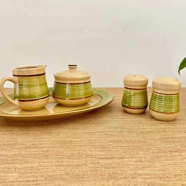Vintage Gibson Designs Retreat Green Platter, Salt & Pepper Shakers, Creamer and Sugar Bowl with Lid 
