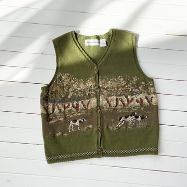 embroidered sweater vest 90s vintage Sharon Young green hunting dog cottagecore scenic sleeveless sweater 