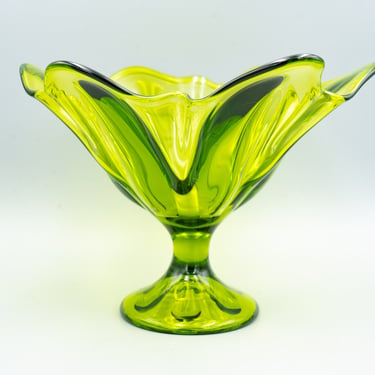 Viking Glass Epic Avocado Six Petal Pedestal Bowl | Vintage Mid Century Modern Glassware 
