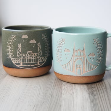 Portland Bridges Mug engraved handmade pottery 