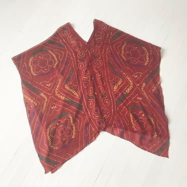 Vintage Indian Silk Sheer Red Patterned Poncho 