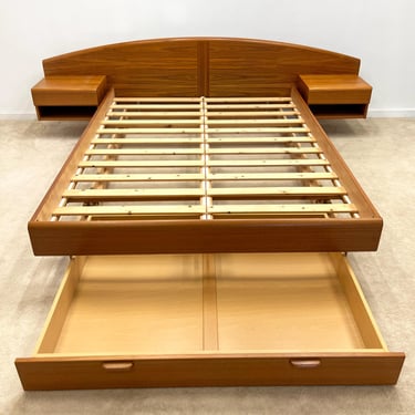 Danish Modern Jesper teak queen floating platform bed with headboard nightstands mid century 