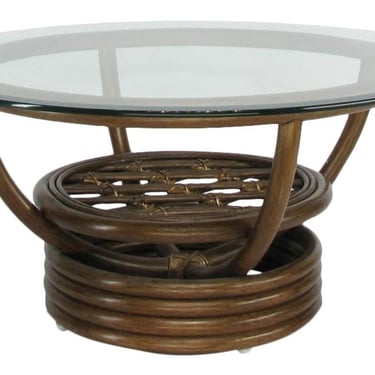 Restored 30” Glass Top Rattan "Kauai" Coffee Table With Stacked Base 