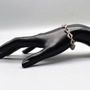 30's pot metal rhinestone Art Deco bling bracelet, edgy textured metal bows clear glass geometric clasp bracelet 